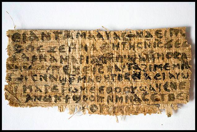 epa03402298 Undated handout photo of a piece of papyrus written in Coptic during the fourth century, that according to the historian Karen L. King, holds a phrase never seen before in any piece of Scripture, related to the possible wife of Jesus. The piece, smaller than a calling card, contains eight lines, including one saying 'Jesus said to them, My wife ' and a second stating 'she will be able to be my disciple.' The finding was presented at an international meeting of Coptic scholars by Ms. King, in Rome, Italy, 18 September 2012.  EPA/KAREN L.KING/HO MANDATORY CREDIT: KAREN L.KING HANDOUT EDITORIAL USE ONLY/NO SALES/NO ARCHIVES